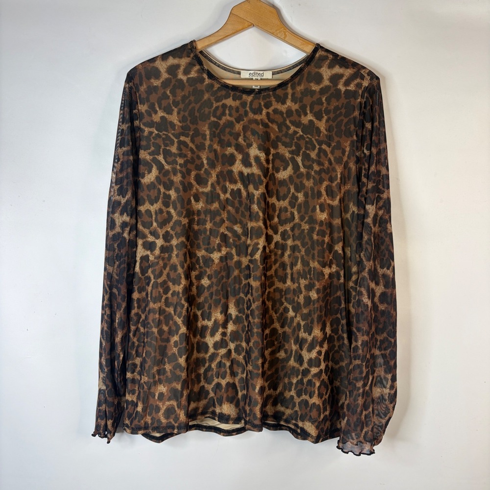 Edited by Remi Bader Mesh Top Women 3X Brown Leopard Print Sheer Long Sleeve